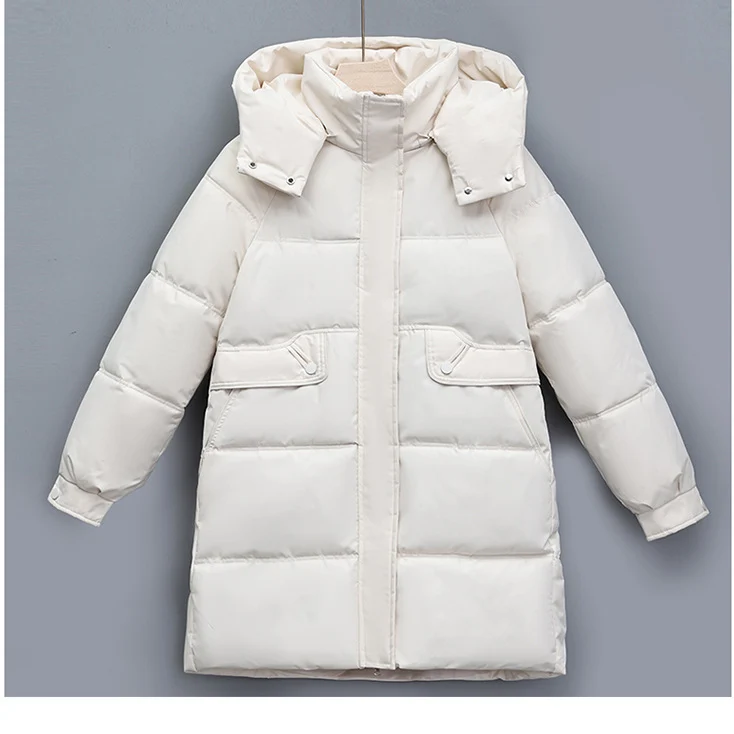 Damen nan langer thermogepolsterter Parka mit abnehmbarer Kapuze, verdecktem Reißverschluss und Klappentaschen Drune