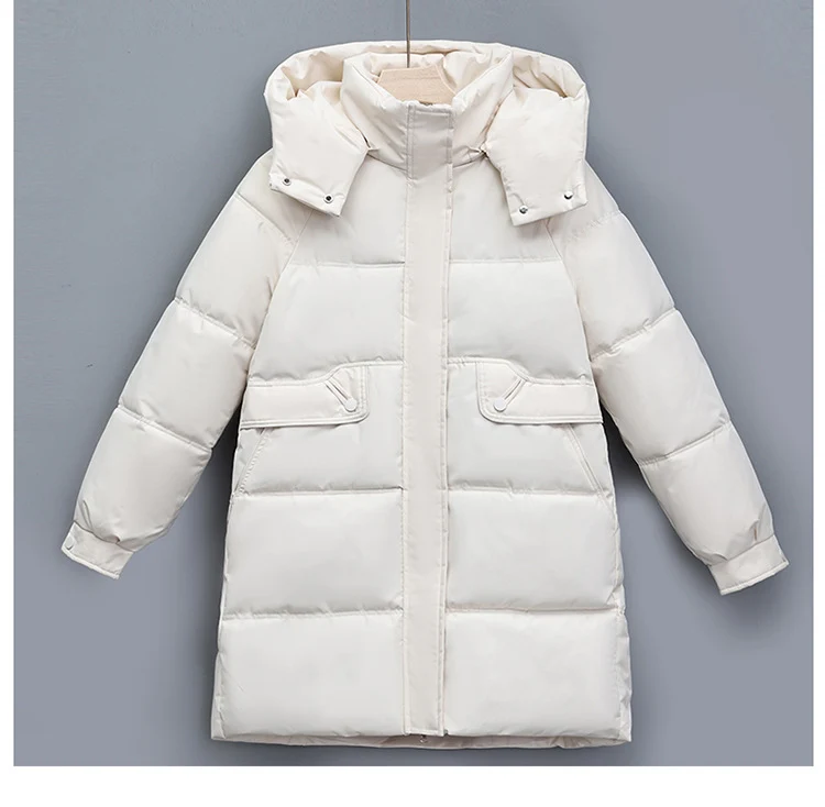 Damen nan langer thermogepolsterter Parka mit abnehmbarer Kapuze, verdecktem Reißverschluss und Klappentaschen Drune