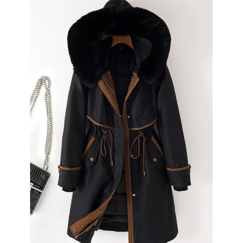 Damen nan langer Parka mit Kunstfellkapuze Taillenzug und kontrastierten Paspeln Drune