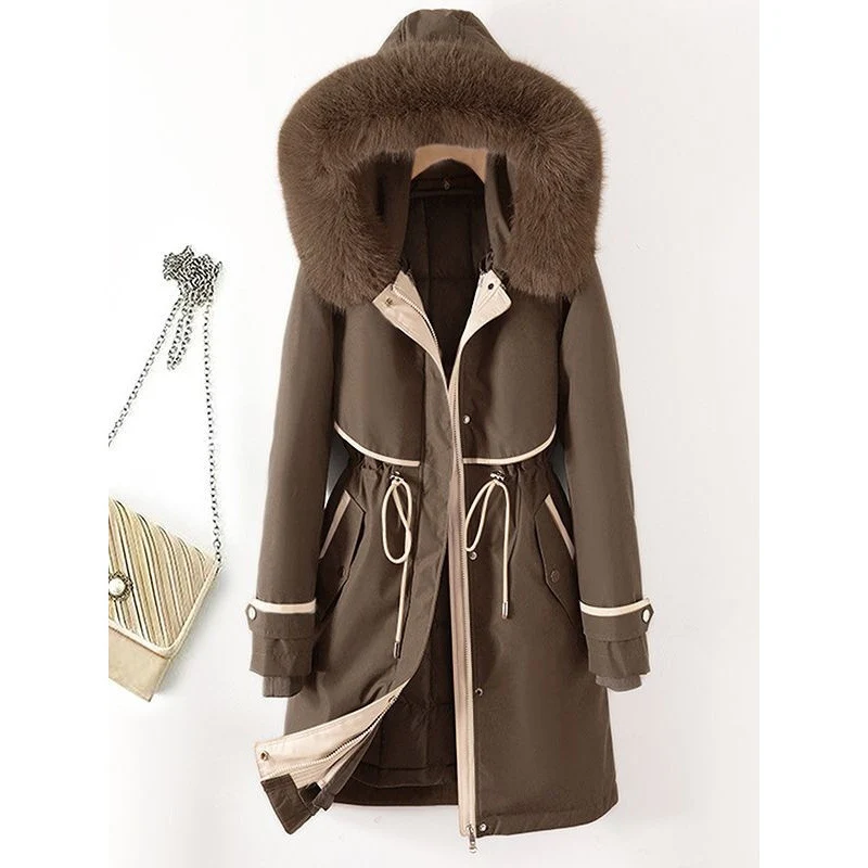 Damen nan langer Parka mit Kunstfellkapuze Taillenzug und kontrastierten Paspeln Drune