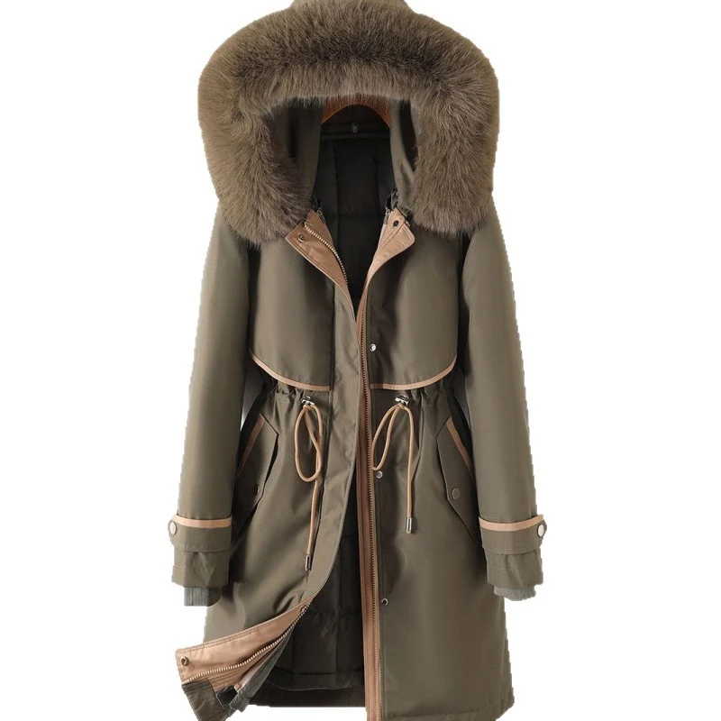 Damen nan langer Parka mit Kunstfellkapuze Taillenzug und kontrastierten Paspeln Drune