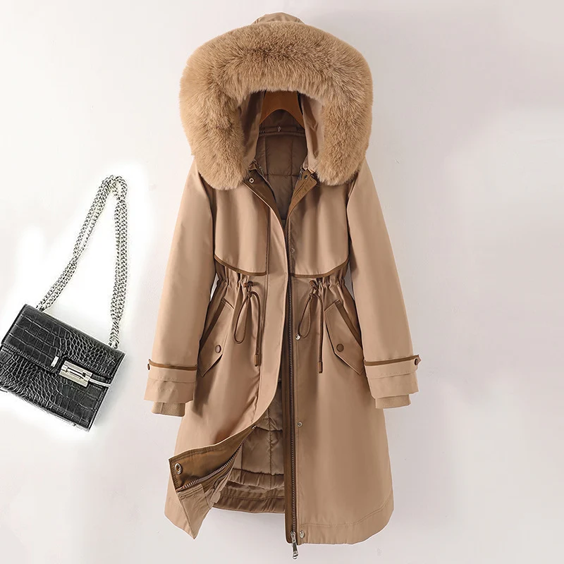 Damen nan langer Parka mit Kunstfellkapuze Taillenzug und kontrastierten Paspeln Drune
