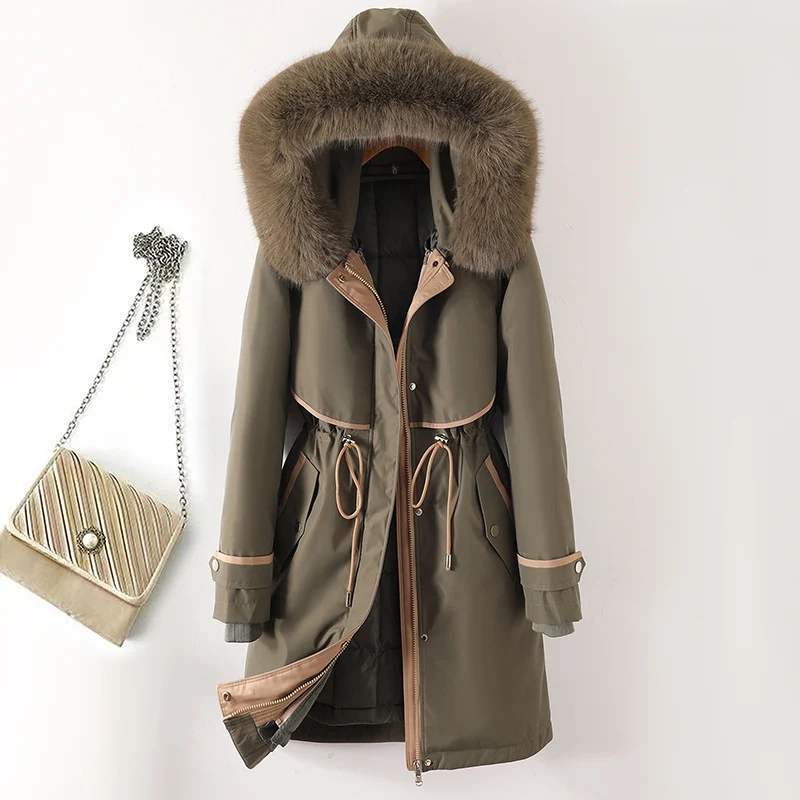 Damen nan langer Parka mit Kunstfellkapuze Taillenzug und kontrastierten Paspeln Drune