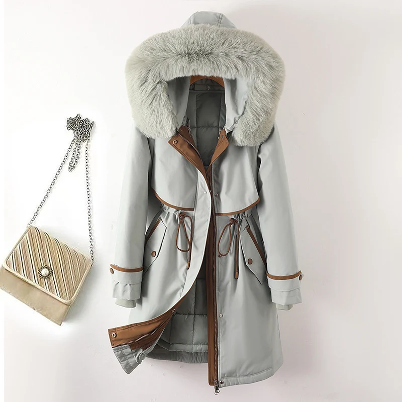 Damen nan langer Parka mit Kunstfellkapuze Taillenzug und kontrastierten Paspeln Drune