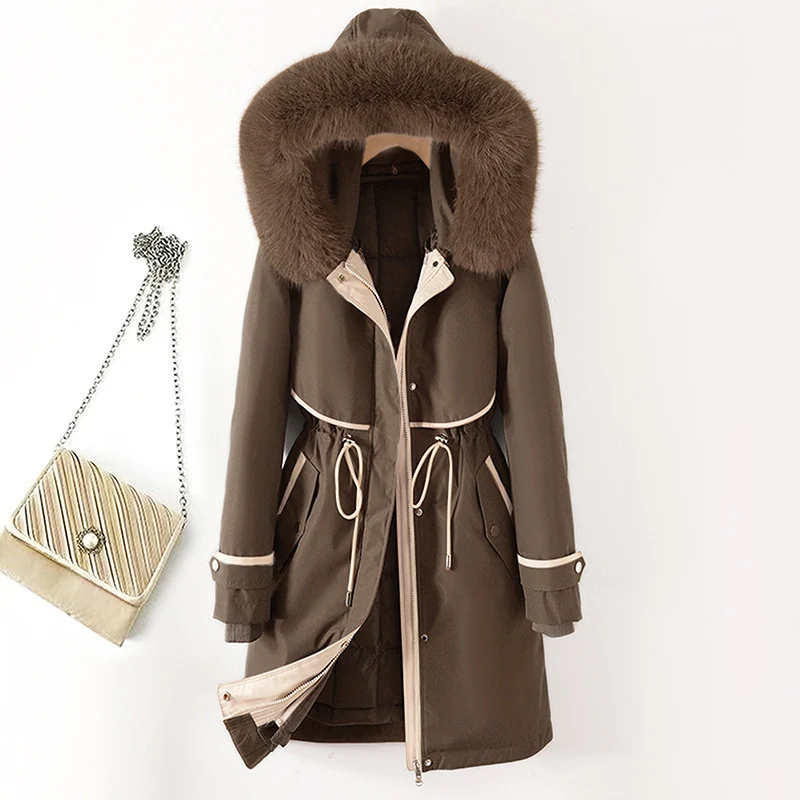 Damen nan langer Parka mit Kunstfellkapuze Taillenzug und kontrastierten Paspeln Drune