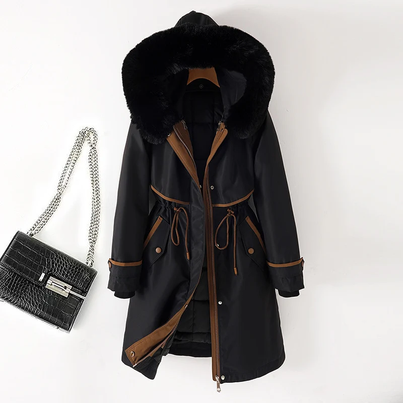 Damen nan langer Parka mit Kunstfellkapuze Taillenzug und kontrastierten Paspeln Drune