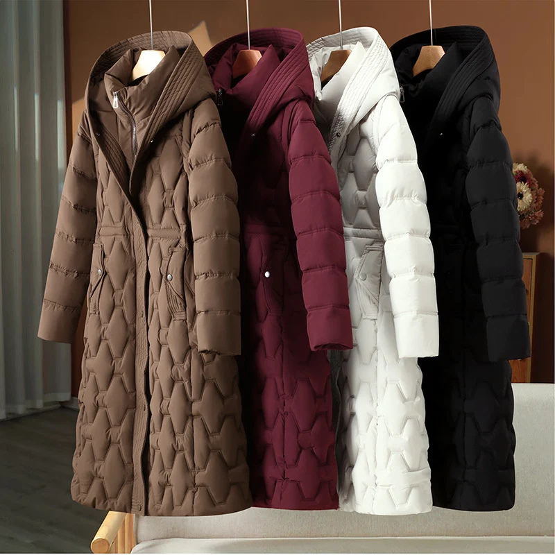 Damen nan langer gesteppter Mantel mit Wabenquilt, Kapuze und taillierter A-Linie Drune