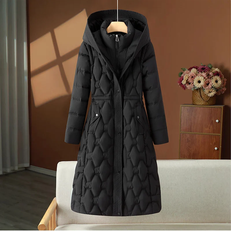 Damen nan langer gesteppter Mantel mit Wabenquilt, Kapuze und taillierter A-Linie Drune