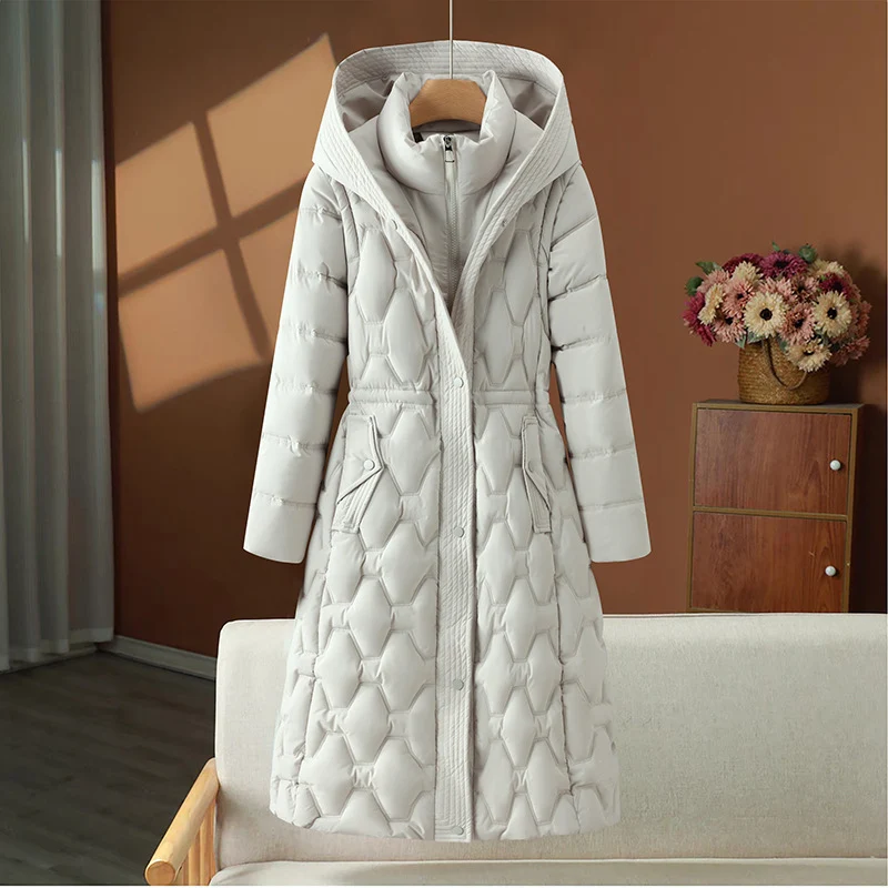 Damen nan langer gesteppter Mantel mit Wabenquilt, Kapuze und taillierter A-Linie Drune