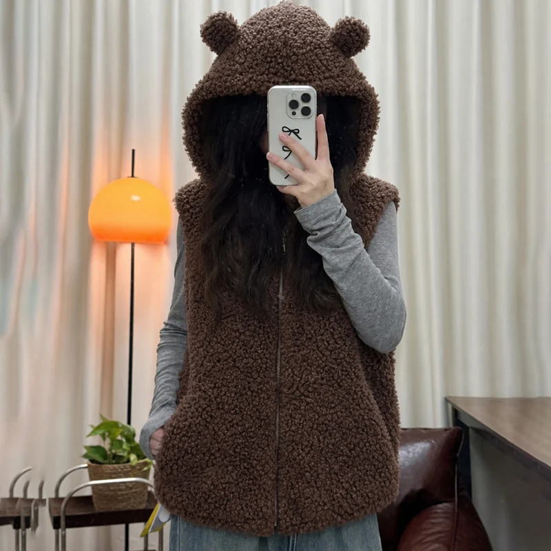 Damen nan kuschelige Teddyweste mit Kapuze und Reißverschluss Drune