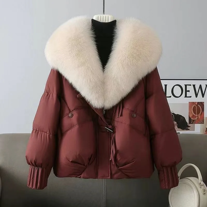 Damen nan kurze wattierte Steppjacke mit voluminösem Kunstfellkragen und Taillenzug Drune