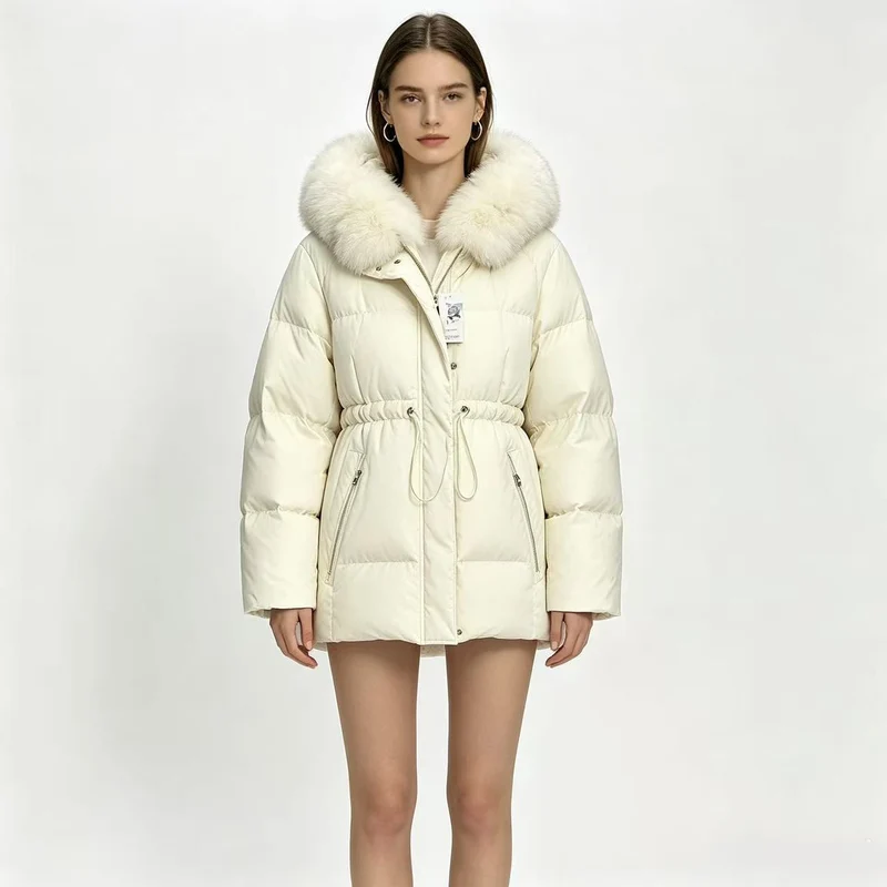 Damen nan kurze wattierte Steppjacke mit Kordelzugtaillierung und voluminösem Fellkragen Drune