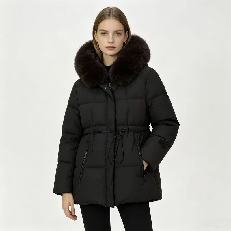 Damen nan kurze wattierte Steppjacke mit Kordelzugtaillierung und voluminösem Fellkragen Drune