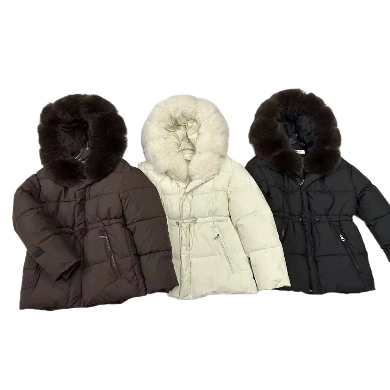 Damen nan kurze wattierte Steppjacke mit Kordelzugtaillierung und voluminösem Fellkragen Drune