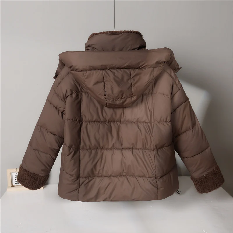 Damen nan kurze wattierte Jacke mit hochschließendem Teddykragen, Fleece-Innenfutter und verstellbarem Saum Drune
