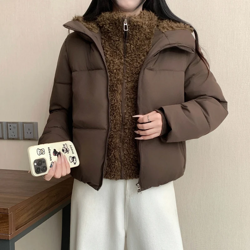 Damen nan kurze wattierte Doppeljacke mit abnehmbarem Teddy-Innenfutter und hohem Stehkragen Drune