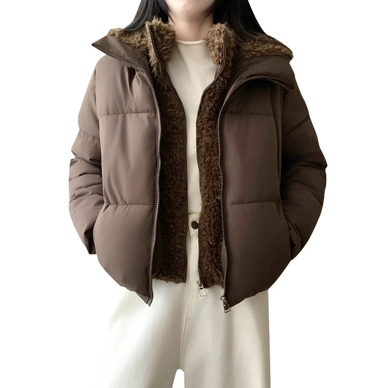 Damen nan kurze wattierte Doppeljacke mit abnehmbarem Teddy-Innenfutter und hohem Stehkragen Drune