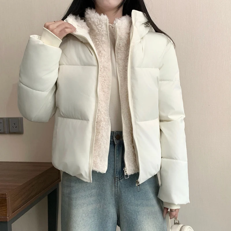 Damen nan kurze wattierte Doppeljacke mit abnehmbarem Teddy-Innenfutter und hohem Stehkragen Drune