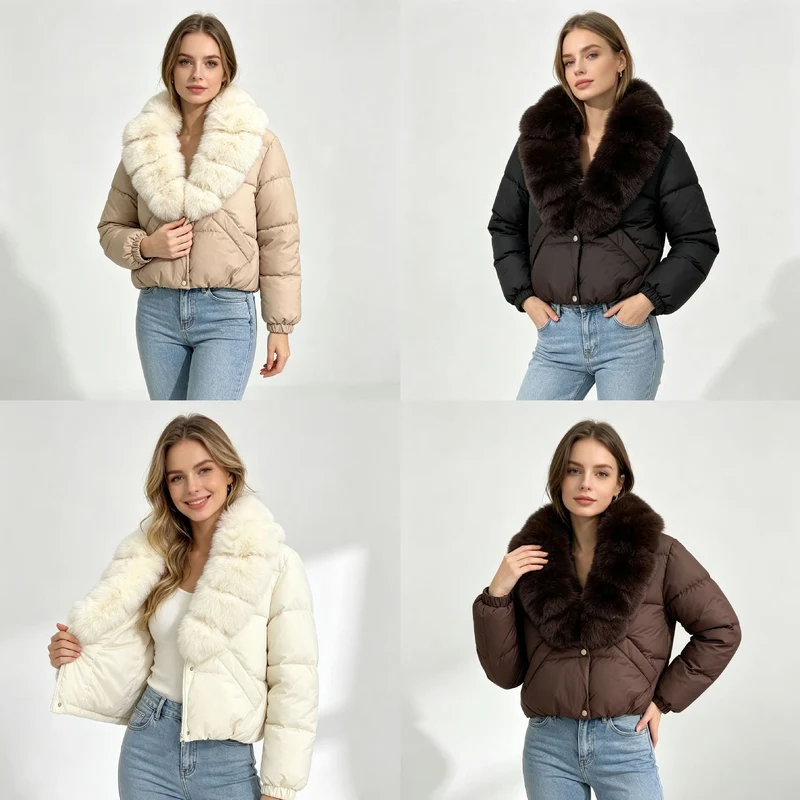 Damen nan kurze wattierte Cropped-Jacke mit extra voluminösem Kunstpelz-Schalkragen und elastischen Bündchen Drune