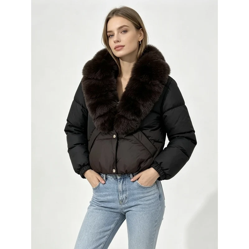 Damen nan kurze wattierte Cropped-Jacke mit extra voluminösem Kunstpelz-Schalkragen und elastischen Bündchen Drune