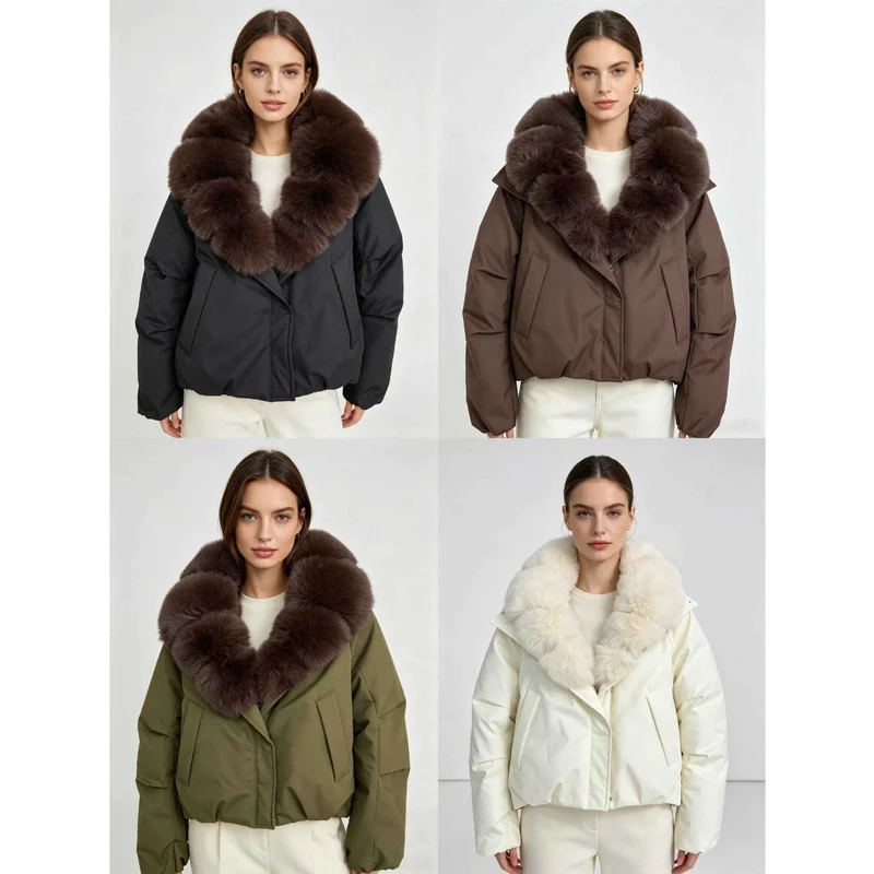 Damen nan kurze Thermosteppjacke mit voluminösem abnehmbarem Kunstfellkragen und tailliertem Saum Drune