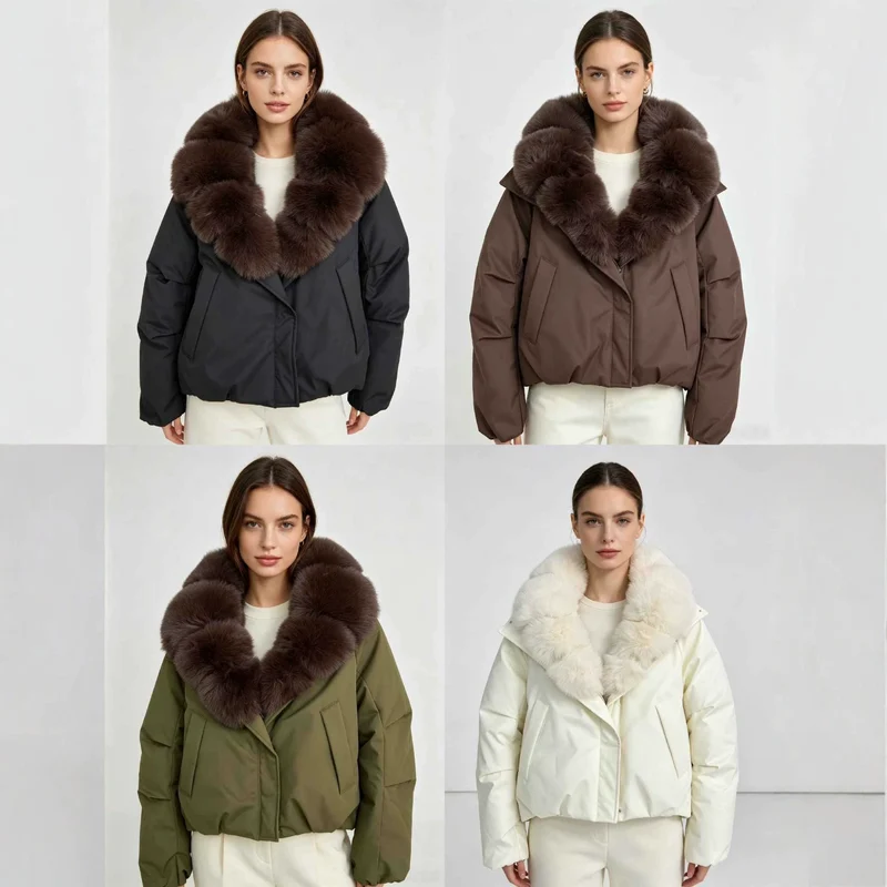 Damen nan kurze Thermosteppjacke mit voluminösem abnehmbarem Kunstfellkragen und tailliertem Saum Drune