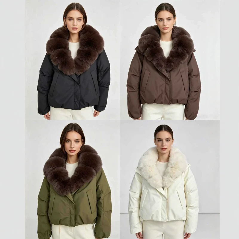 Damen nan kurze Thermosteppjacke mit voluminösem abnehmbarem Kunstfellkragen und tailliertem Saum Drune