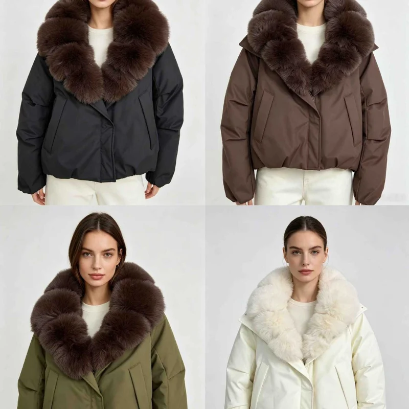 Damen nan kurze Thermosteppjacke mit voluminösem abnehmbarem Kunstfellkragen und tailliertem Saum Drune