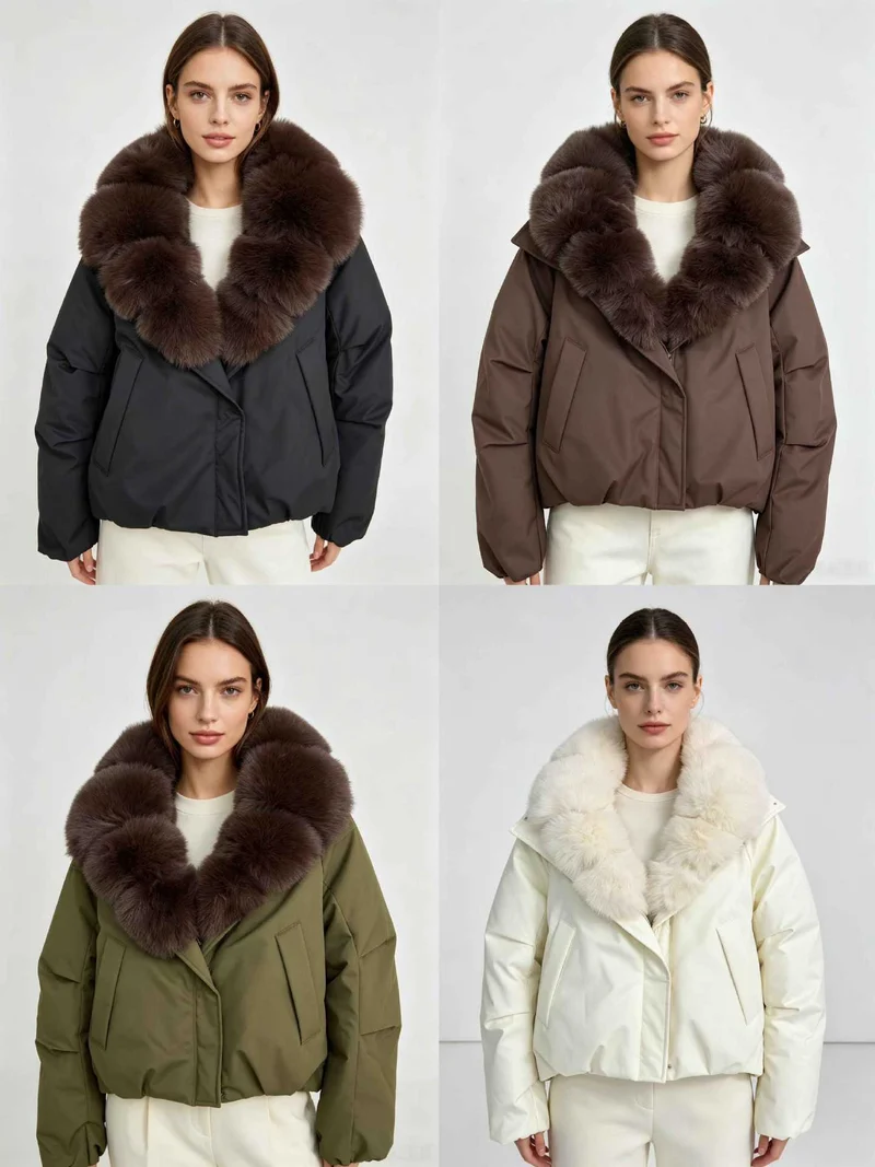 Damen nan kurze Thermosteppjacke mit voluminösem abnehmbarem Kunstfellkragen und tailliertem Saum Drune