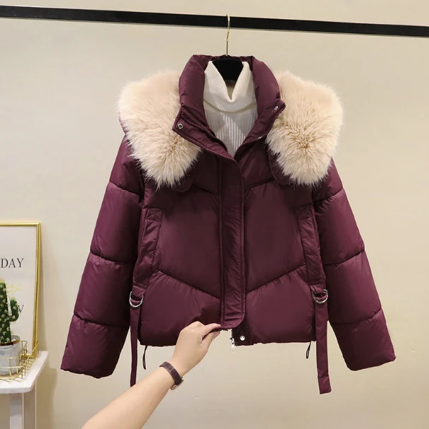 Damen nan kurze Thermo-Pufferjacke mit abnehmbarem Webpelzkragen, hochschließendem Stehkragen und Tunnelzugsaum Drune