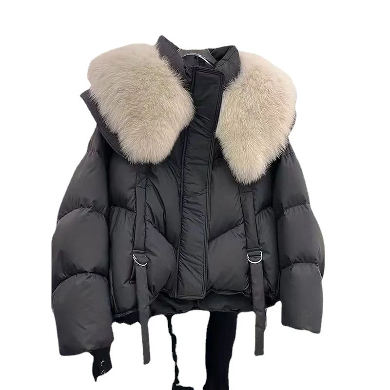 Damen nan kurze Thermo-Pufferjacke mit abnehmbarem Webpelzkragen, hochschließendem Stehkragen und Tunnelzugsaum Drune