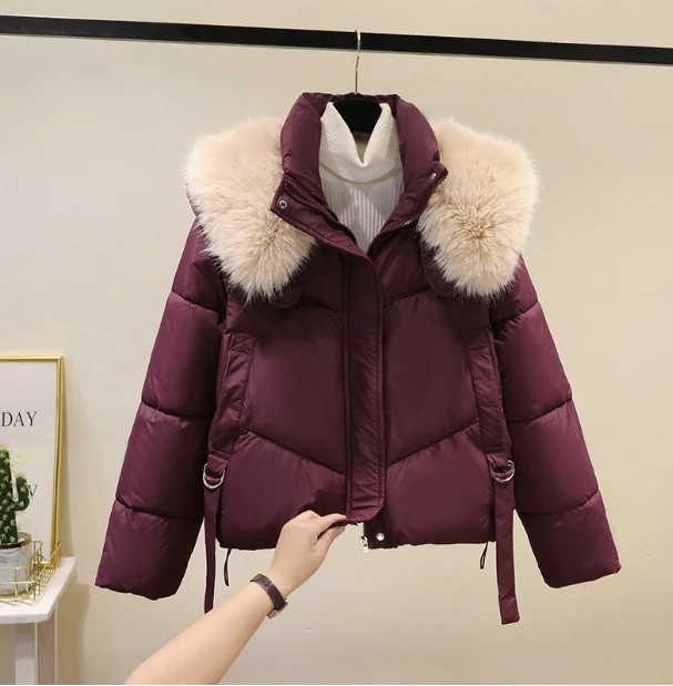 Damen nan kurze Thermo-Pufferjacke mit abnehmbarem Webpelzkragen, hochschließendem Stehkragen und Tunnelzugsaum Drune