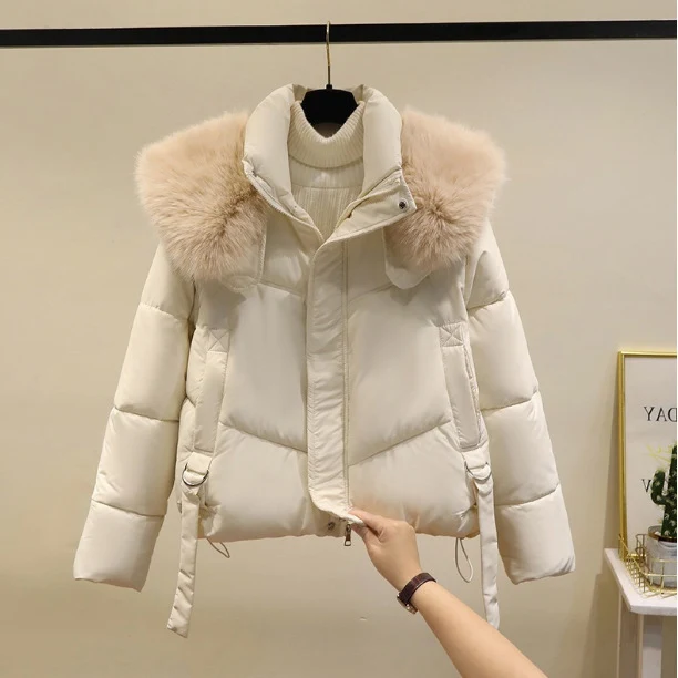 Damen nan kurze Thermo-Pufferjacke mit abnehmbarem Webpelzkragen, hochschließendem Stehkragen und Tunnelzugsaum Drune