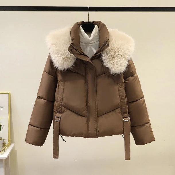 Damen nan kurze Thermo-Pufferjacke mit abnehmbarem Webpelzkragen, hochschließendem Stehkragen und Tunnelzugsaum Drune