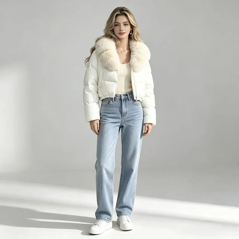 Damen nan kurze taillierte Pufferjacke mit voluminösem Kapuzenkragen und abnehmbarem Fellbesatz Drune