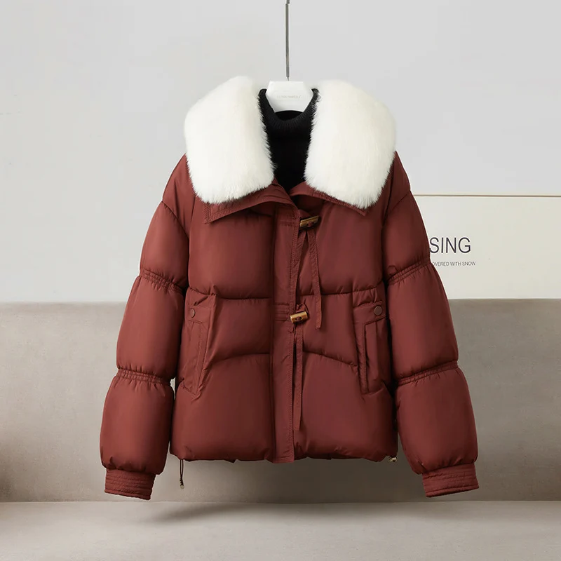 Damen nan kurze Steppluftjacke mit voluminösem Webpelzkragen, Knebelverschluss und formstabiler Taillenlinie Drune