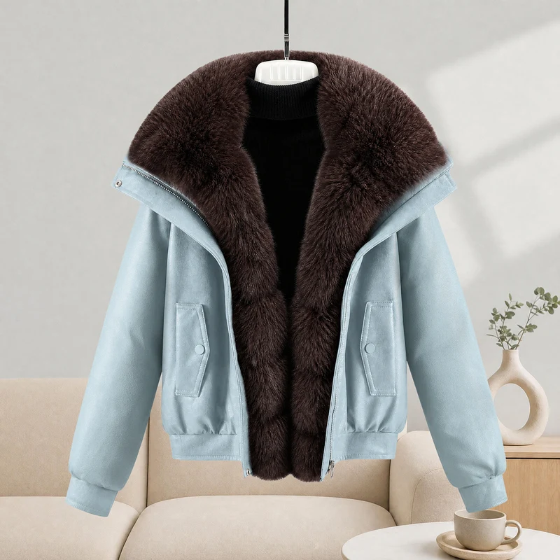 Damen nan kurze Lammfelloptik-Bomberjacke mit voluminösem Fellkragen und tailliertem Saum Drune
