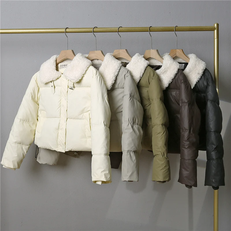 Damen nan kurze gesteppte Winterjacke mit breitem Teddykragen und Kordelzug Drune