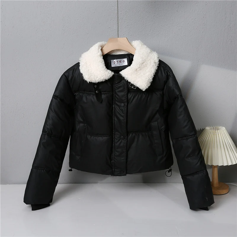 Damen nan kurze gesteppte Winterjacke mit breitem Teddykragen und Kordelzug Drune
