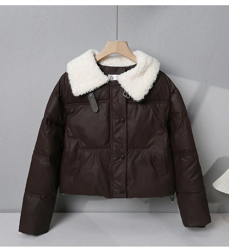 Damen nan kurze gesteppte Winterjacke mit breitem Teddykragen und Kordelzug Drune