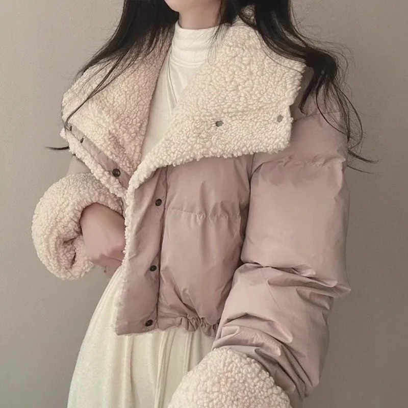 Damen nan kurze gesteppte Pufferjacke mit Teddykragen, krempelbaren Ärmeln und Tunnelzugsaum Drune