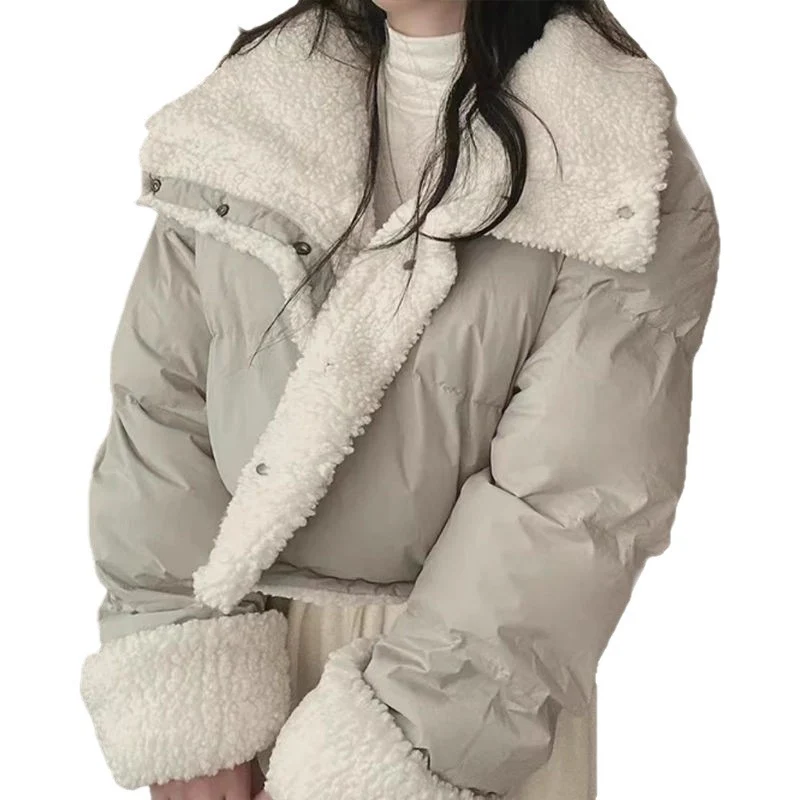 Damen nan kurze gesteppte Pufferjacke mit Teddykragen, krempelbaren Ärmeln und Tunnelzugsaum Drune