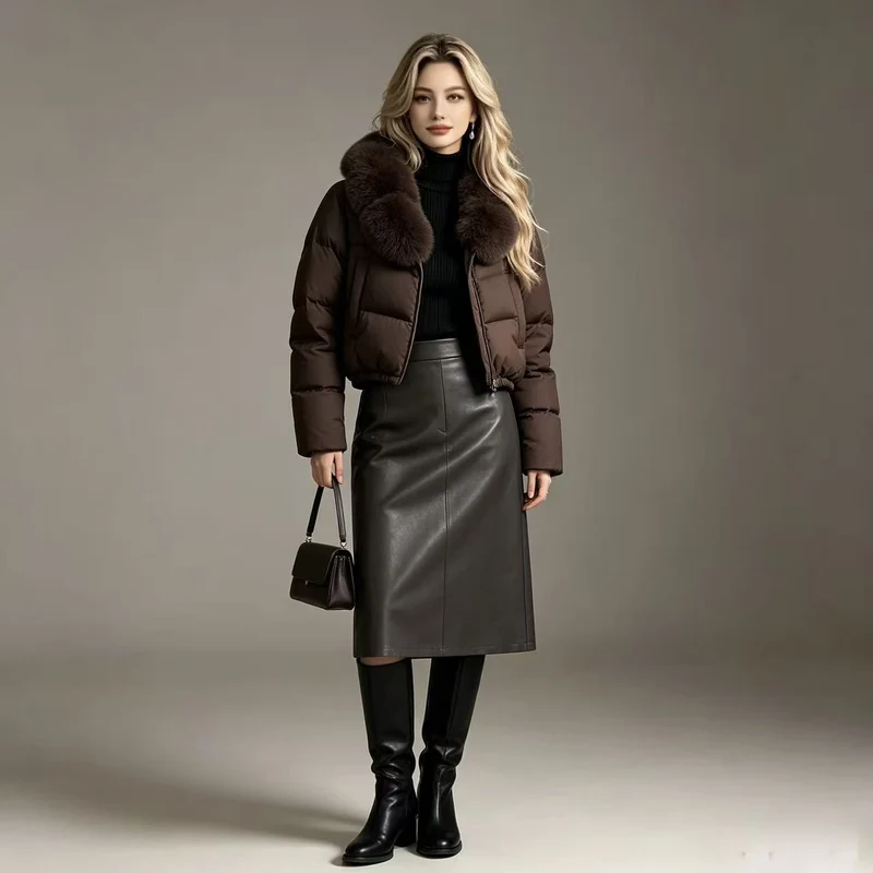 Damen nan kurze gesteppte Cropped-Pufferjacke mit voluminösem Kunstpelzkragen Drune