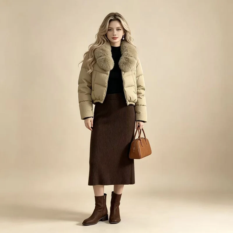 Damen nan kurze gesteppte Cropped-Pufferjacke mit voluminösem Kunstpelzkragen Drune