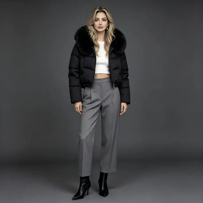 Damen nan kurze gesteppte Cropped-Pufferjacke mit voluminösem Kunstpelzkragen Drune