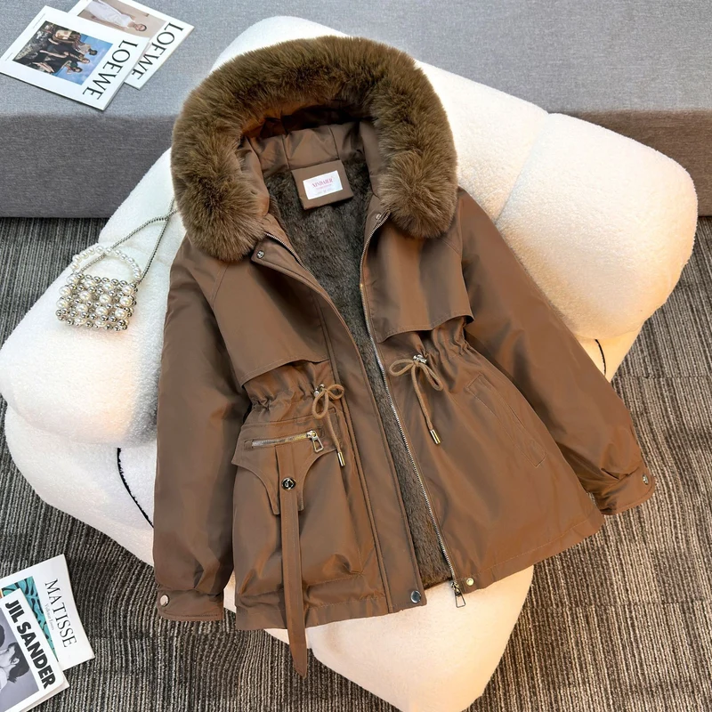 Damen nan kurze gefütterte Parka mit Kunstpelzkragen Teddyfutter Taillenzug und Multifunktions-Taschen Drune