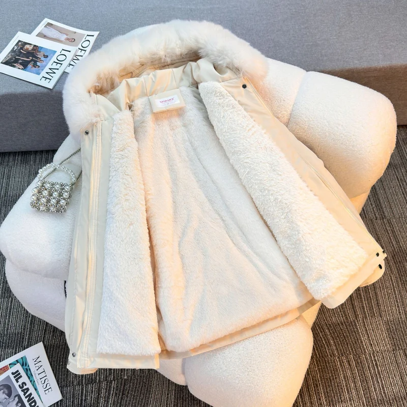 Damen nan kurze gefütterte Parka mit Kunstpelzkragen Teddyfutter Taillenzug und Multifunktions-Taschen Drune