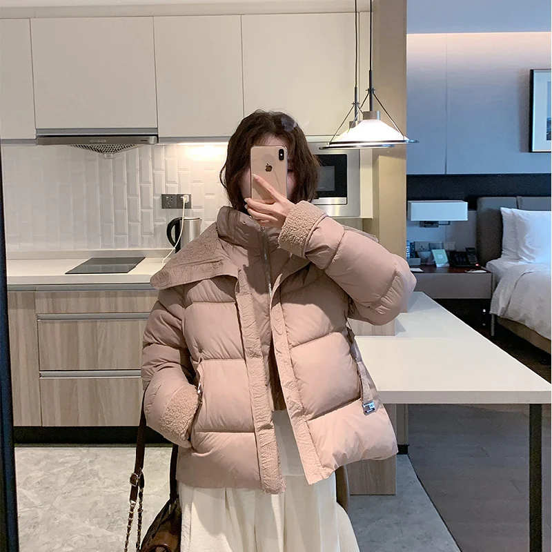 Damen nan kurz gesteppte Taillen-Pufferjacke mit kuscheligem Teddykragen und verstellbarem Schnallenriemen Drune