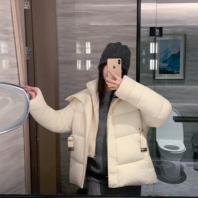 Damen nan kurz gesteppte Taillen-Pufferjacke mit kuscheligem Teddykragen und verstellbarem Schnallenriemen Drune