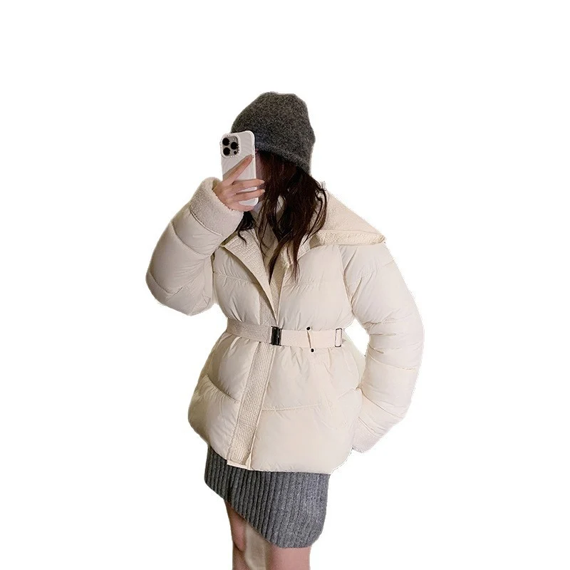 Damen nan kurz gesteppte Taillen-Pufferjacke mit kuscheligem Teddykragen und verstellbarem Schnallenriemen Drune